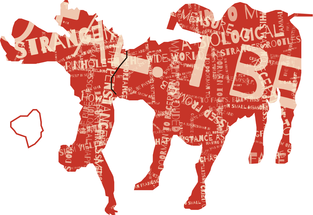 Bucking bull and rider, rendered in vermillion and filled with text from the work